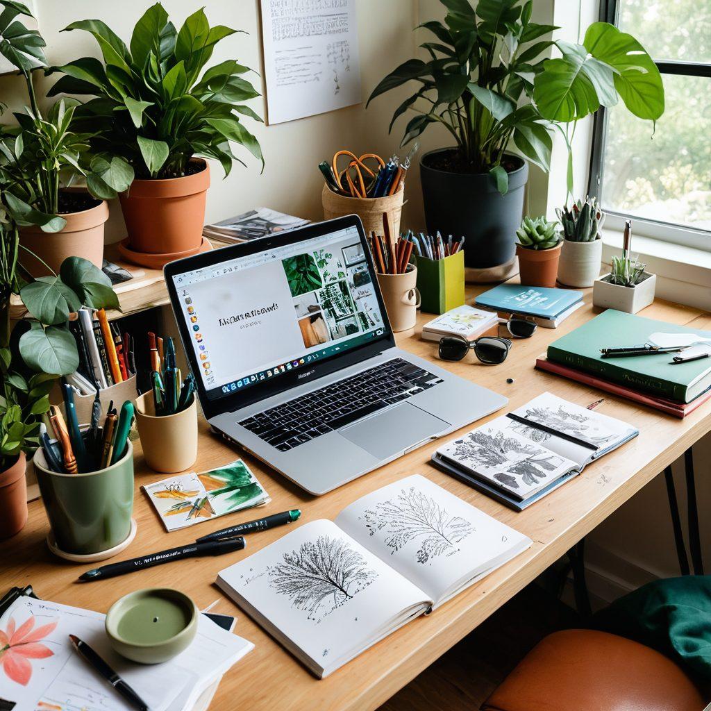 A vibrant, light-filled workspace adorned with colorful art supplies, a cozy journal filled with creative notes, and an inspiring mood board displaying lifestyle imagery. Incorporate elements like plants, books on creativity, and a laptop open to a blog page. This scene captures the essence of a creative lifestyle blogger in action, emphasizing inspiration and productivity. super-realistic. vibrant colors. soft focus.