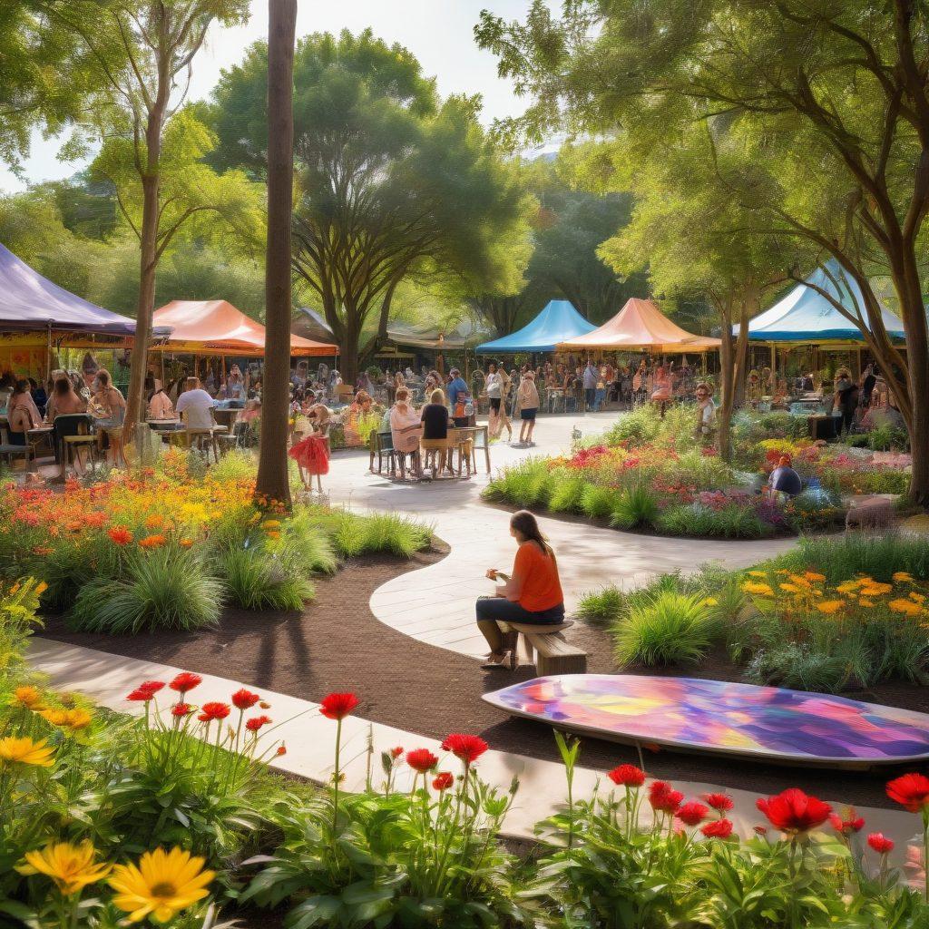 A vibrant scene showcasing a diverse group of people engaged in various creative activities, such as painting, crafting, and playing music, set in a lush park surrounded by nature. The background features colorful murals and art installations that reflect the idea of community and creativity. Include elements representing the Auroa lifestyle, like sustainable materials and nature-inspired designs. The atmosphere is joyful, with sunlight casting warm tones on the scene. vibrant colors. super-realistic. natural setting.