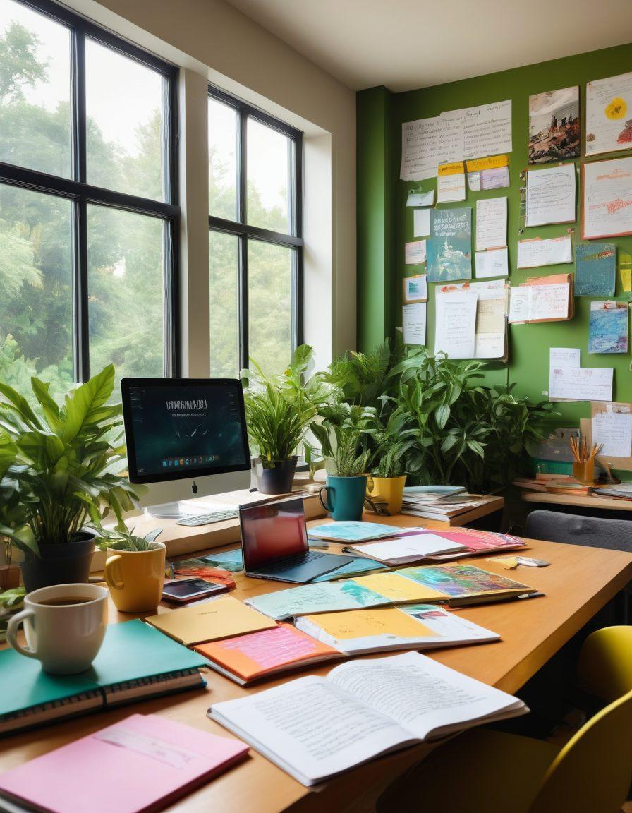 A vibrant, modern workspace filled with colorful journals, open laptops, and notes scattered around. In the background, a window showcasing a bright, sunny day enhances creativity, while a diverse group of people brainstorm and collaborate on content creation. Include elements like coffee mugs, plants, and motivational quotes on the walls. Bright colors. super-realistic. digital art.